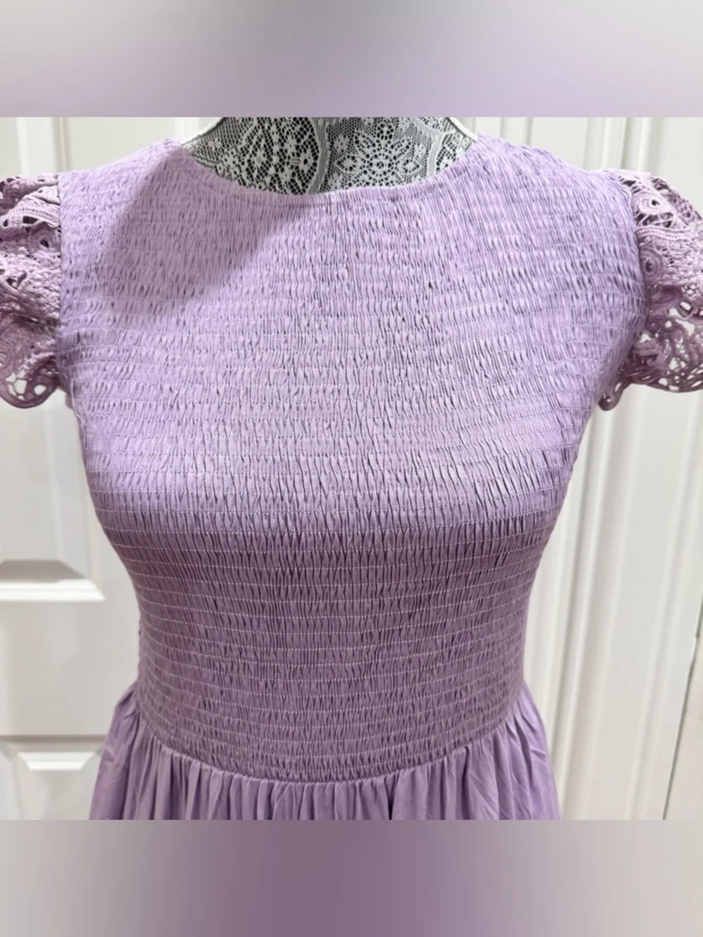 NEW Milkmaid Smocked Maxi Dress Size M Lavender Tiered Crochet Boho - Picture 2 of 10